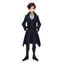  young male scholar magician, slim build, dark blue long coat, waistcoat, cravat, muted colors, subtle fantasy, regency era 1800s england