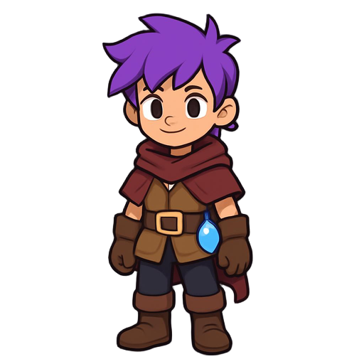 personagem de fantasia com cabelo roxo com cristal mágico no bolso