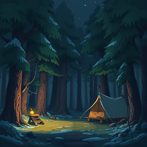 acampamento abandonado sombras profundas. floresta densa ao fundo, árvores altas e retorcidas, copas fechadas deixando pouca luz passar, névoa baixa entre os troncos. iluminação sombria, clima tenso e misterioso, paleta de cores frias e escuras (verdes pr