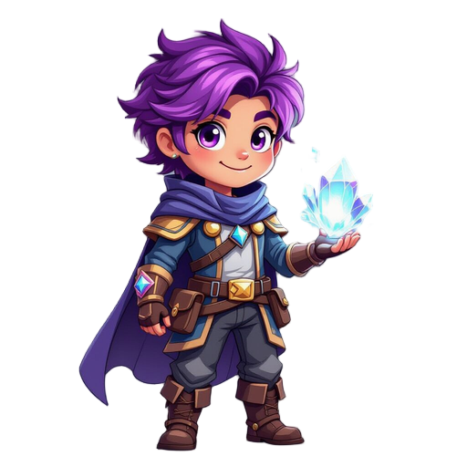 aventureiro cósmico com cabelo roxo, roupa simples de fantasia, com cristal de energia no bolso 
