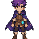 aventureiro cósmico com cabelo roxo, roupa simples de fantasia, com cristal de energia no bolso, capa com leves brilhos vibe universo