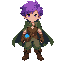 aventureiro cósmico com cabelo roxo, roupa simples de fantasia, com cristal de energia no bolso 