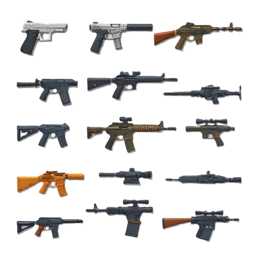 2d top-down game sprites of 10 different survival firearms. clean flat design, simple shapes, clear silhouettes, no background, centered, consistent scale. pistols, rifles, shotgun, smg, sniper. game-ready sprite style, not realistic, no text.