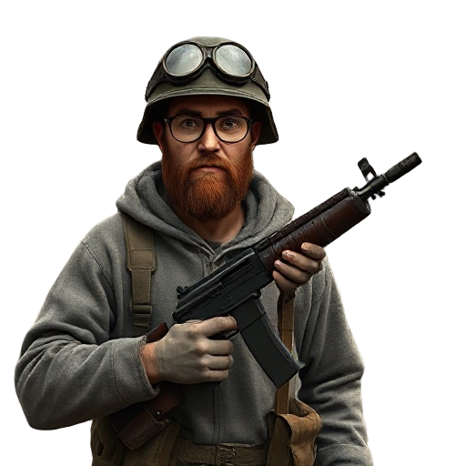 make a 2d vertion from this ```hyper-realistic portrait of a wwii soldier with a beard and round glasses, holding an mp40. he wears a helmet, grey tunic, and hoodie. background: war-torn ruins, smoke, and sandbags. gritty, cinematic lighting, sepia tones,