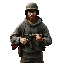 make a 2d vertion from this ```hyper-realistic portrait of a wwii soldier with a beard and round glasses, holding an mp40. he wears a helmet, grey tunic, and hoodie. background: war-torn ruins, smoke, and sandbags. gritty, cinematic lighting, sepia tones,