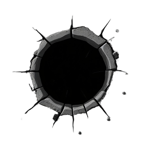 quake 2 style bullet impact decal, gritty retro fps aesthetic, dark circular bullet hole with cracked edges and small radial surface damage, subtle chipped concrete and metal fragments, no background, transparent alpha, flat lighting, no shadows, no persp
