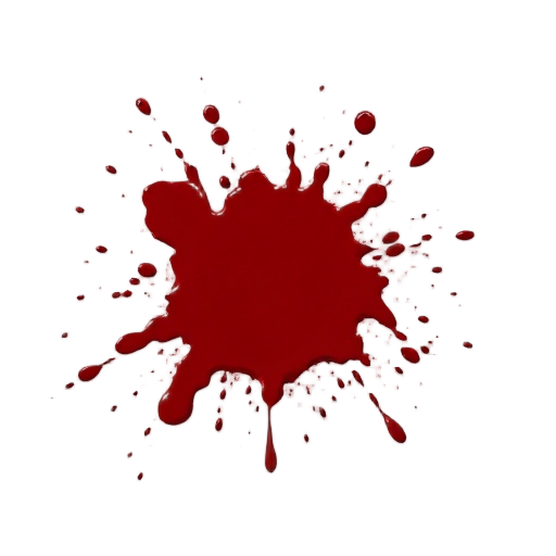 quake 2 style blood impact decal, dark red blood splatter with irregular organic shape, small droplets and smear edges, semi-thick blood pooling in the center, no background, transparent alpha, flat lighting, no shadows, top-down decal texture, suitable f