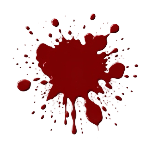 quake 2 style blood impact decal, dark red blood splatter with irregular organic shape, small droplets and smear edges, semi-thick blood pooling in the center, no background, transparent alpha, flat lighting, no shadows, top-down decal texture, suitable f