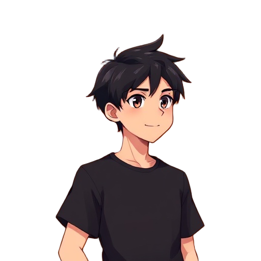 male character in anime style, young, short black hair and slightly messy. looking ahead, calm and confident expression, slight smile. expressive eyes in a warm tone. simple black t-shirt. warm and soft lighting. solid orange background, clean and modern 