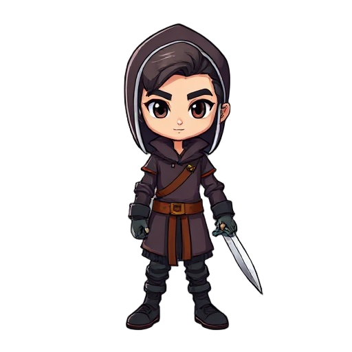 crie um personagem usando sombrio, com uma espada nas costas, com cores de roupas pretas e com mascara