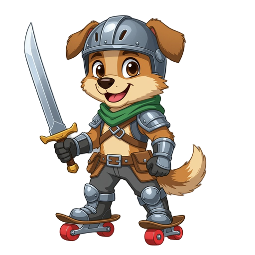 um cachorro de patins com um capacete e uma espada