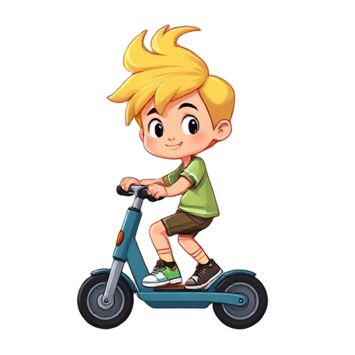 11 yo boy with yellow long hair on kick scooter