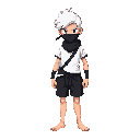 create a modern ninja, with white hair, black short, white t-shirt and black seccond skin under cloths till neck and legs. barefoot