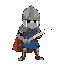 medieval knight closed gray helmet, blue tunic, brown armor, silver sword, idle pose, black outlines, warm colors