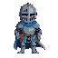 medieval knight closed gray helmet, blue tunic, brown armor, idle pose, black outlines, warm colors