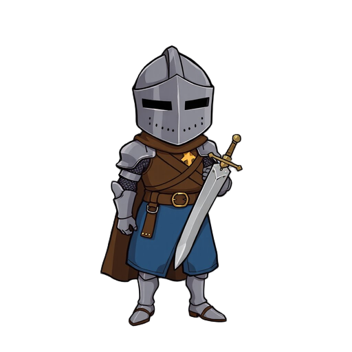 medieval knight closed gray helmet, blue tunic, brown armor, silver sword, idle pose, black outlines, warm colors