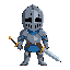 medieval knight closed gray helmet, blue tunic, brown armor, silver sword, idle pose, black outlines, warm colors