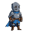 medieval knight closed gray helmet, blue tunic, brown armor, side pose, black outlines, warm colors