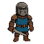 medieval knight closed gray helmet, blue tunic, brown armor, silver sword, idle pose, black outlines, warm colors