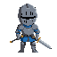 medieval knight closed gray helmet, blue tunic, brown armor, 1 silver sword, idle pose, black outlines, warm colors