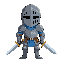 medieval knight closed gray helmet, blue tunic, brown armor, silver sword, idle pose, black outlines, warm colors