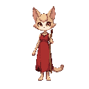 a stylized 2d game character sprite of nashra, an anthropomorphic feline girl. she has expressive cat eyes and soft fur, standing upright like a human. nashra wears a long red dress that slightly flows, symbolizing emotional weight and escape from reality