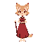 a stylized 2d game character sprite of nashra, an anthropomorphic feline girl. she has expressive cat eyes and soft fur, standing upright like a human. nashra wears a long red dress that slightly flows, symbolizing emotional weight and escape from reality