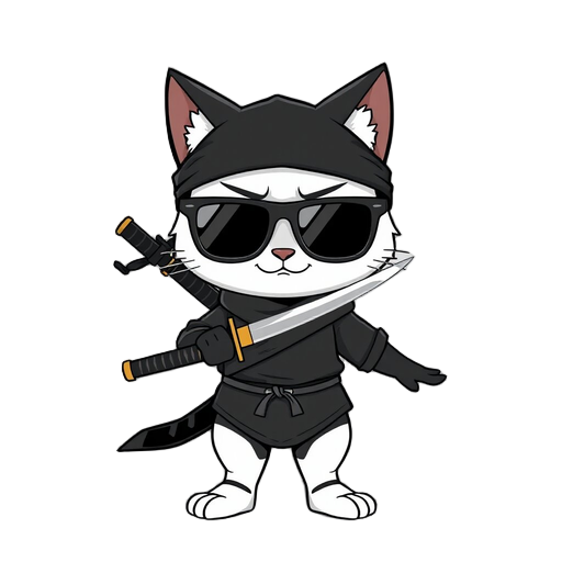 black and white ninja cat with sunglasses and katana