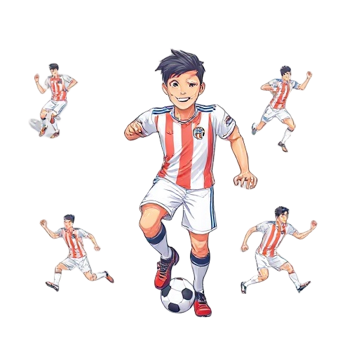 football player sprite inspired by blue lock anime style. dynamic 2d character with athletic body. animations: running, dribbling, kicking, intercepting, celebrating. anime energy, clean design, multiple action poses, transparent background.