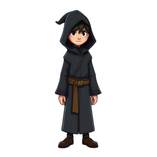 wizzards apprentice in dark robe with hoodie on his head
