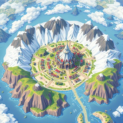 mapa de rpg fantasia com várias áreas conectadas: cidade glacial