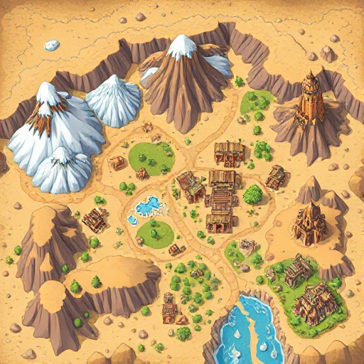 mapa de rpg fantasia com várias áreas conectadas: cidade das areias no deserto, caverna glacial congelada, monte dos wyverns vulcânico, torre dos 100 andares, caverna dos anões subterrânea, cemitério das cem guerras, floresta antiga, pântano sombrio e ruí