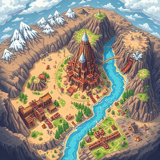 mapa de rpg fantasia com várias áreas conectadas: cidade das areias no deserto, caverna glacial congelada, monte dos wyverns vulcânico, torre dos 100 andares, caverna dos anões subterrânea, cemitério das cem guerras, floresta antiga, pântano sombrio e ruí