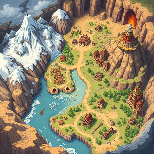 mapa de rpg fantasia com várias áreas conectadas: cidade das areias no deserto, caverna glacial congelada, monte dos wyverns vulcânico, torre dos 100 andares, caverna dos anões subterrânea, cemitério das cem guerras, floresta antiga, pântano sombrio e ruí
