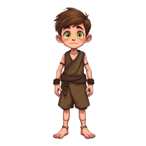 a 15-year-old boy, dressed in dirty brown rags, without shoes, short brown hair, yellow eyes, hands, feet,