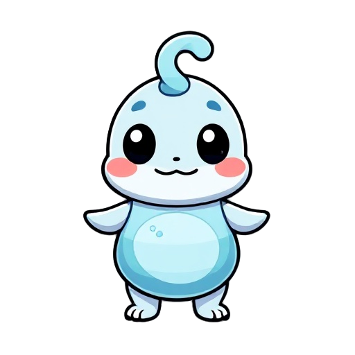 cute water elemental, small monster, 2d game asset, vector art, thick black outlines, bold lines, chibi style, flat color, cel shading, mobile game style, liquid body, swirling water, simple design, high quality, white background
