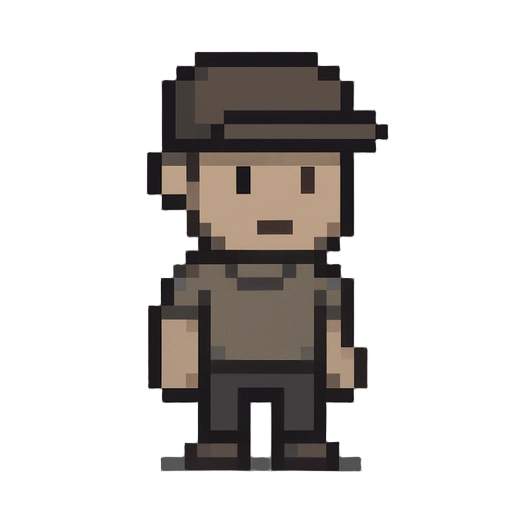 um boneco 2d pixel, as cores deles são sem vida, uma cor pastel escura sabe