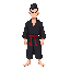 a young wrestler in a black kimono, red belt around his waist, barefoot, with a black mullet, dark, serious eyes, and fair skin. make him slim.