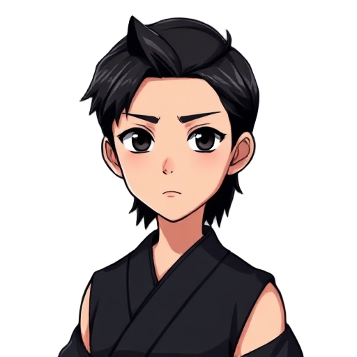 a teenage boy's face with dark mullet hair, dark eyes, wearing a sleeveless black kimono, a serious and p-face.