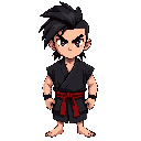 a fighter man, with a teenage face, a black mullet, serious dark eyes, wearing a sleeveless black kimono, a red belt, barefoot and...