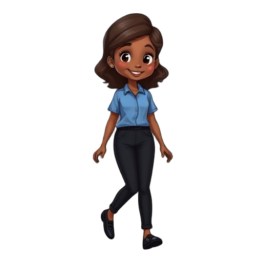 a gentle, beautiful, and well-mannered girl with brown skin, wearing black pants and a blue shirt, walking calmly. she has wavy hair and a kind smile, showing elegance and grace as she walks.