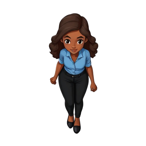 a gentle, beautiful, and well-mannered girl with brown skin, wearing black pants and a blue shirt, walking calmly. she has wavy hair and a kind smile, showing elegance and grace as she walks.
