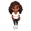 she is a brown-skinned teenage girl with long, curly hair. she is wearing a white shirt, black jeans, and white shoes. she has a youthful appearance and a calm, friendly presence.