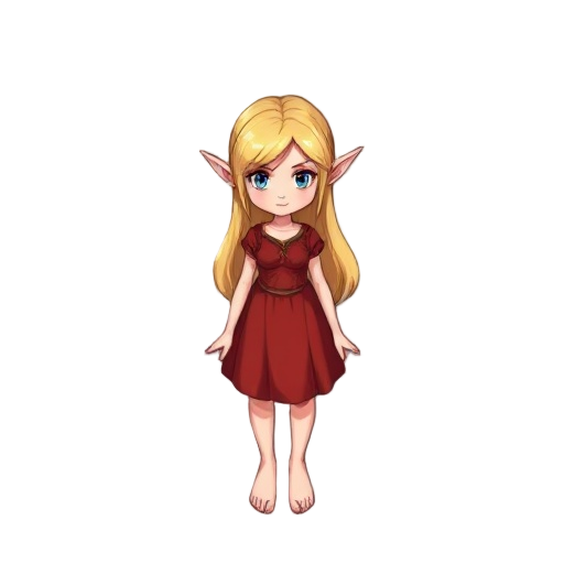 a blond elf, long hair, red dress, teen, barefoot