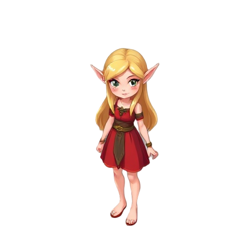 a blond elf, long hair, red dress, teen, barefoot