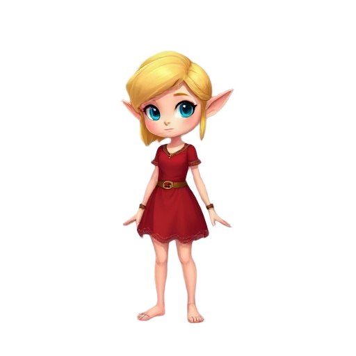 a blond elf, red dress, teen, barefoot