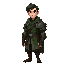 high-definition front view full body concept: attractive dark fairytale huntsman from snow white. handsome face, dark hair, fitted leather/plate, green cloak, bramble-thorn pauldron. centered, no perspective, plain bg.
