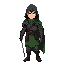 high-def 2d character illustration, full-body front orthographic. dark fairytale huntsman (snow white), handsome. clean crisp lineart, smooth painterly shading, detailed armor + forest-green cloak, thorny vine shoulder mantle. no owres, blurry, noisy, dit