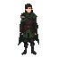 full-body, front-facing orthographic. dark fairytale huntsman (snow white), handsome, athletic. charcoal leather armor, forest-green cloak, thorn/vine shoulder mantle. neutral sprite-ready stance, clean linework, plain background.