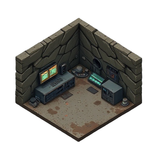 tile map, soviet bunker, electronics, barracks, soviet military base, science base, pixela art, rust, dirt, dark place